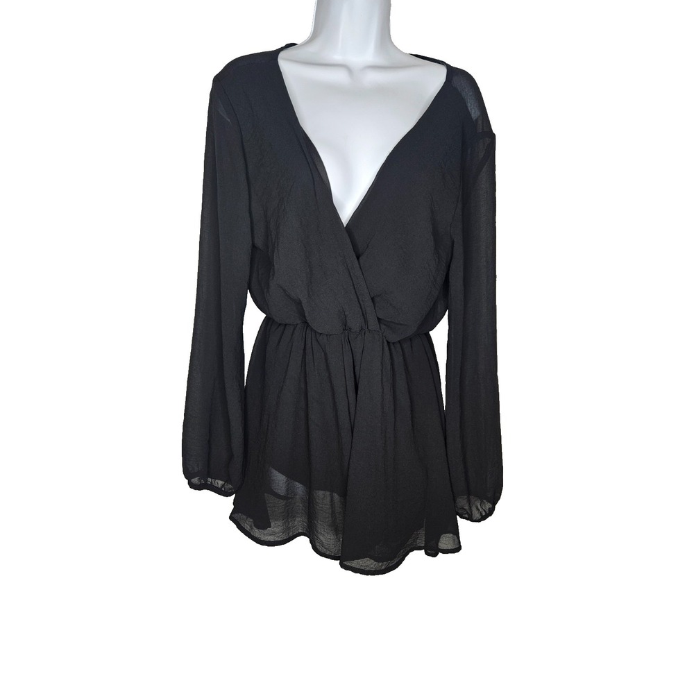 Final Touch Black Sheer Romper Long Sleeve Deep V Open Back M Soft Goth